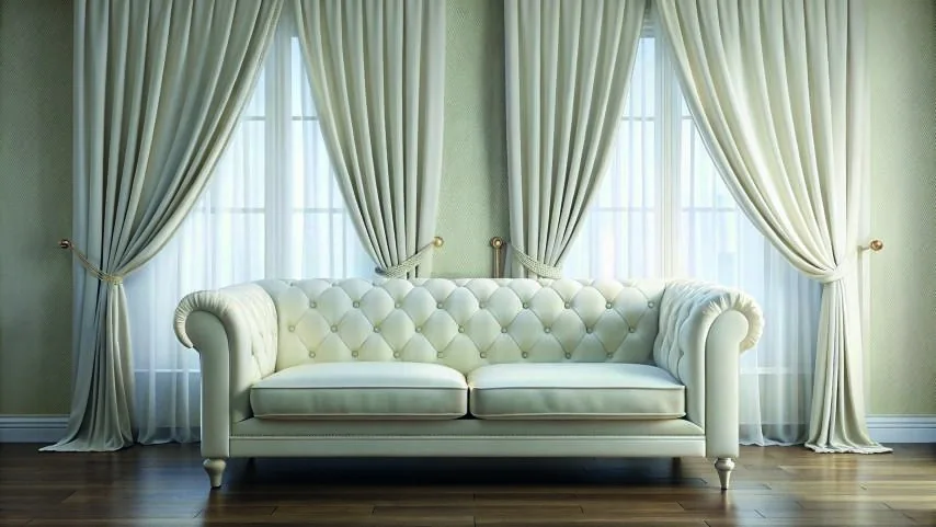Sofa with coordinated full-length curtains