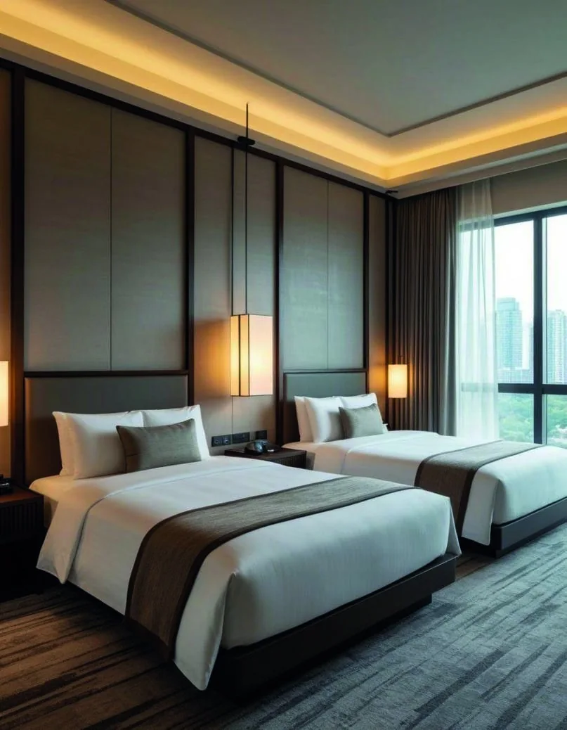 Softly lit guest room with twin beds and full-height curtains