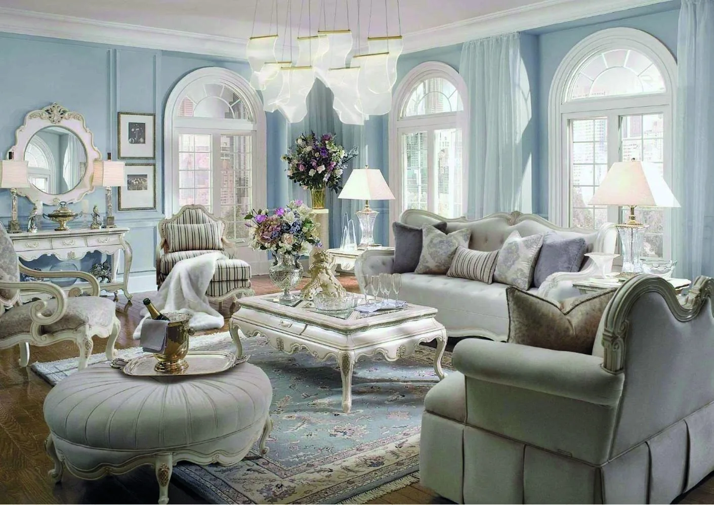Complete furnished interior with coordinated lighting, flooring and décor