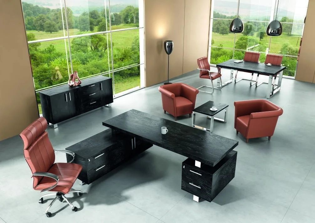 Office furniture and meeting area beside large windows